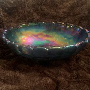 Vintage Indiana Purple and Blue Carnival Glass Grape Harvest Footed Fruit Bowl.